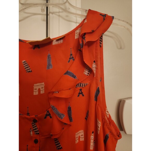Maeve by Anthropologie Orange Sleeveless Top Ruffles & Famous Buildings Size 12 - Picture 7 of 11